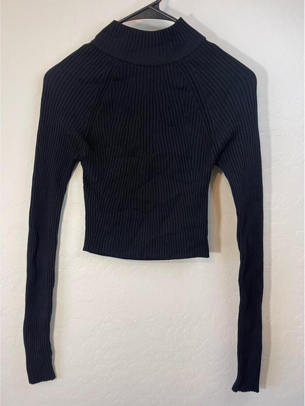 Pull&Bear Black Ribbed Mock Neck Open Back Long-Sleeve